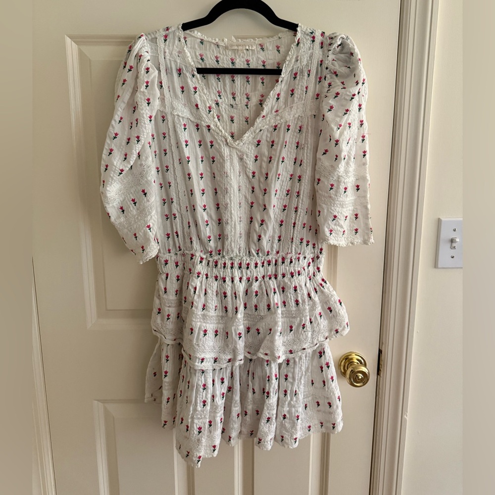 LoveShackFancy White and Pink Floral Long Sleeve Dress